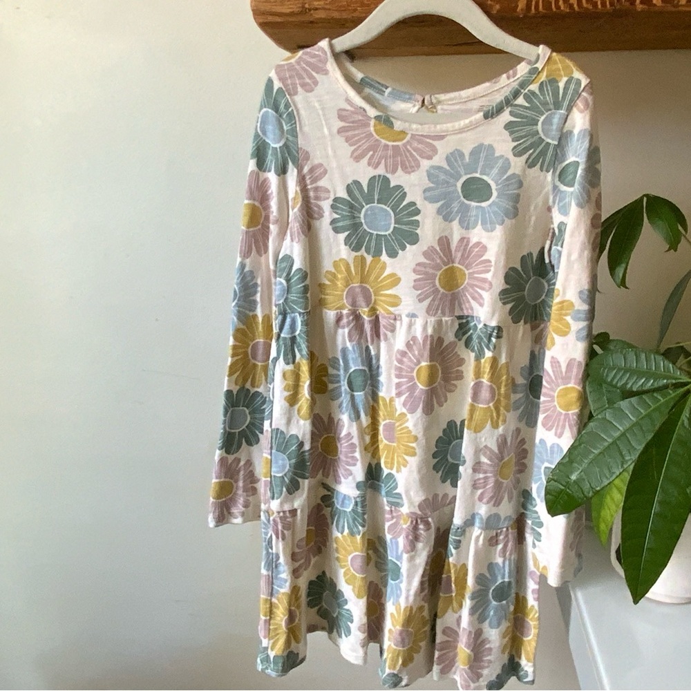 Girls' Floral Tiered Dress in Cream with Pastel Yellow, Blue & Pink Flowers